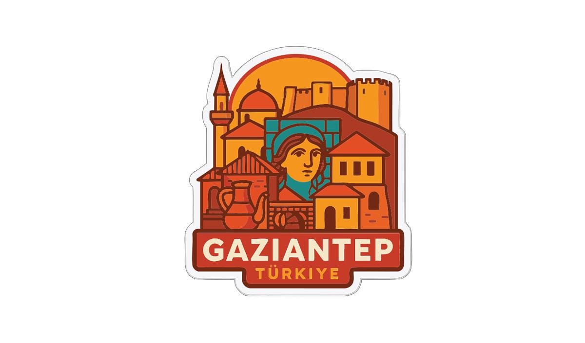 The image is a sticker or emblem featuring the city of Gaziantep, Turkey, with various landmarks and architectural elements depicted in a stylized manner.