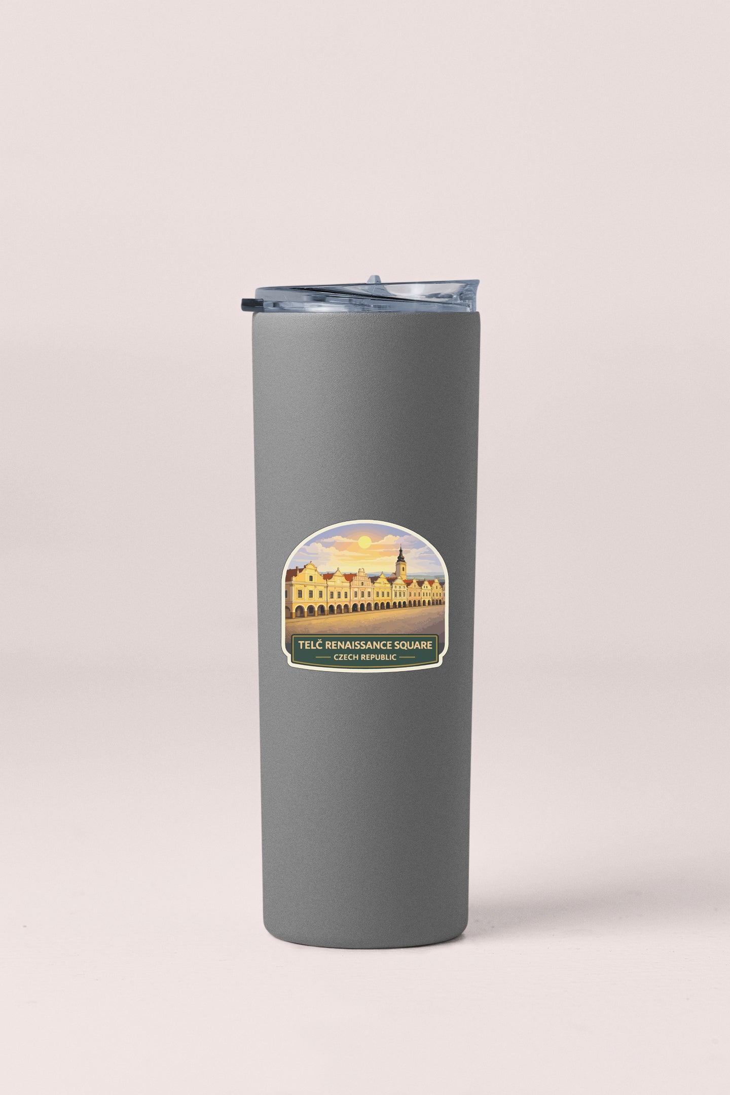 A gray insulated tumbler with a label that reads "TELC REINHARDEN SQUARE - Czech Republic".
