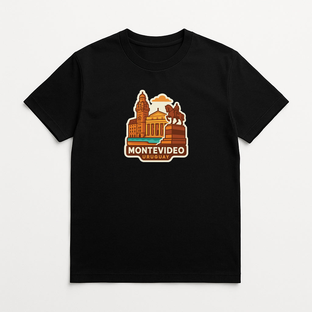 A black t-shirt with a graphic design depicting a city skyline, including a tall building and a statue, along with the text "MONTEVIDEO" and "URUGUAY".