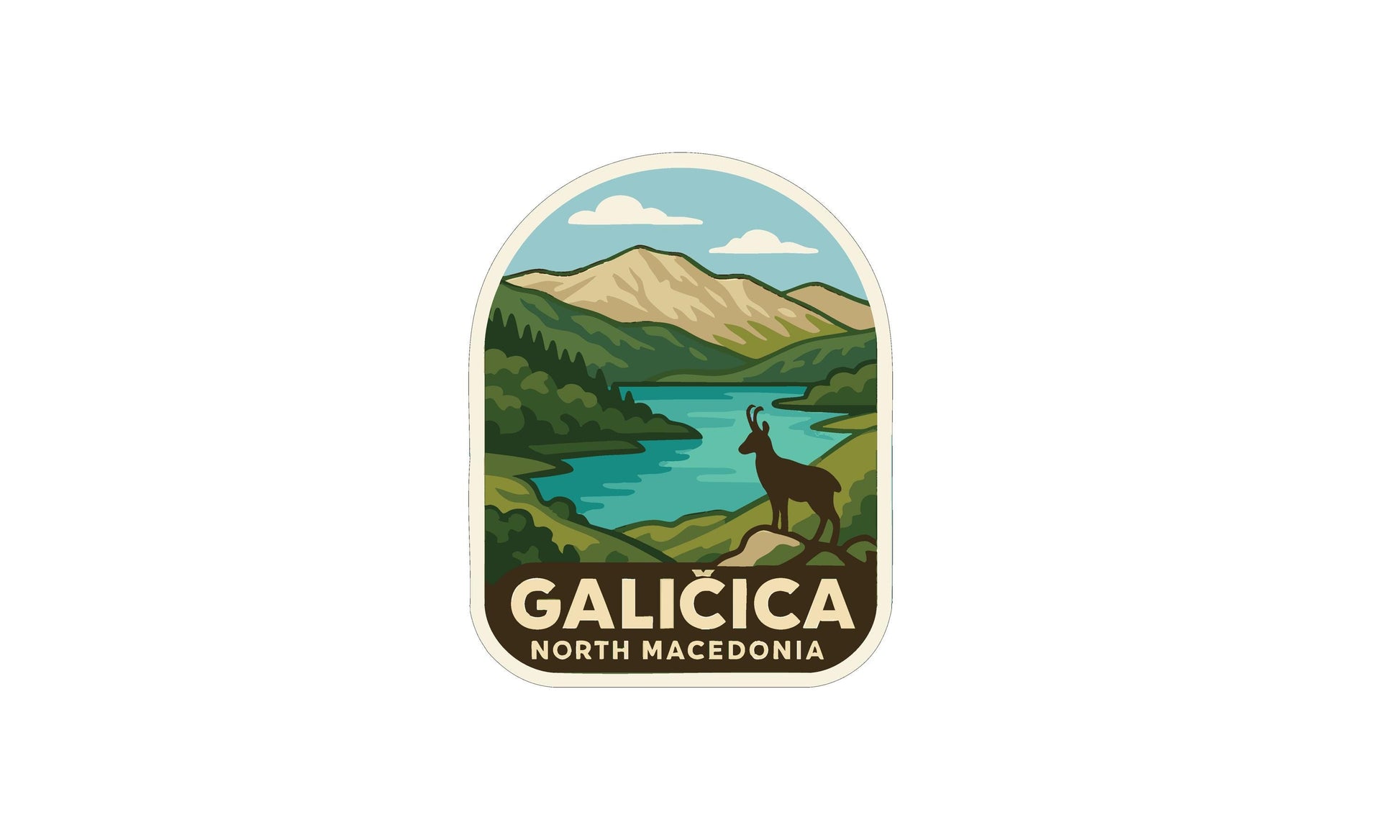 A sticker or emblem featuring a mountain landscape with a lake, a deer, and the text "GALICICA NORTH MÉCEDONIA".