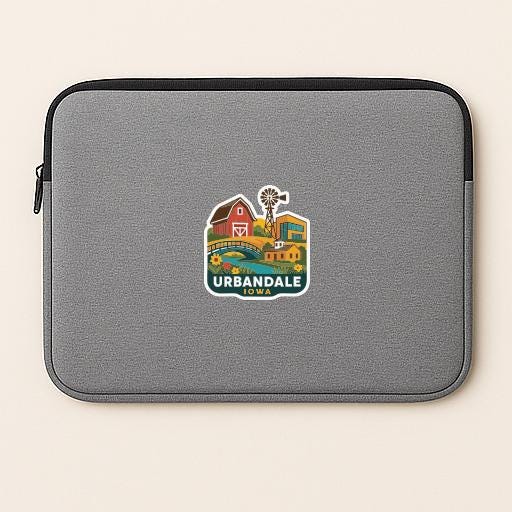 A gray laptop sleeve with a colorful logo of Urbandale, Iowa, featuring a barn, windmill, and other rural elements.