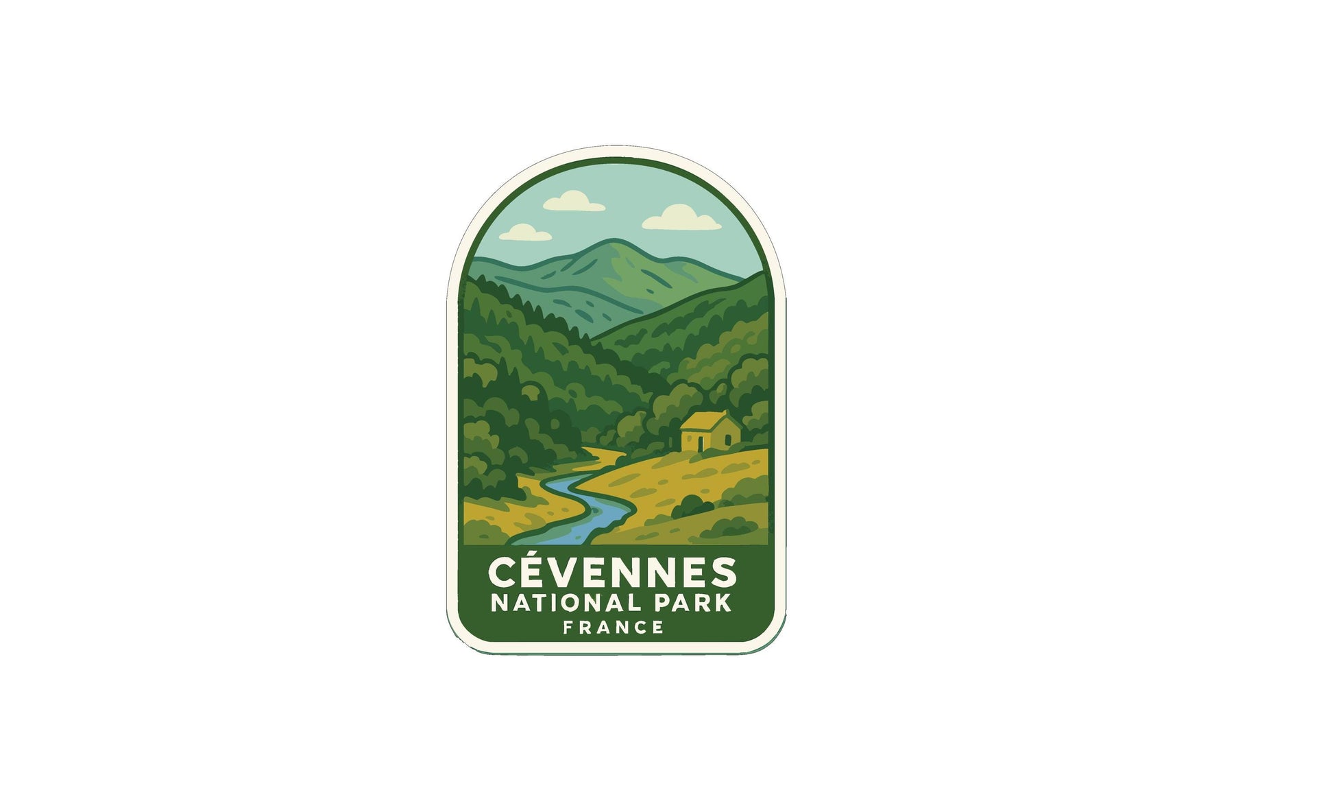 a sticker or emblem with a scenic landscape depicting a river, mountains, and a small house. The text "CÉVENNE'S NATIONAL PARK FRANCE" is prominently displayed, indicating the location or theme of the image.