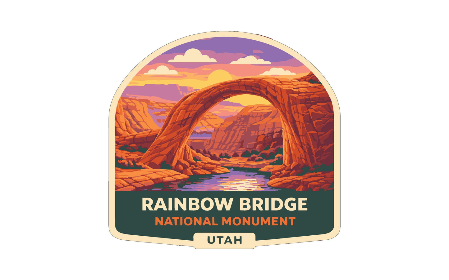 a vibrant illustration of the Rainbow Bridge, a national monument located in Utah. The bridge is depicted as a large arch spanning a river, with a stunning sunset sky in the background. The overall color palette of the image is warm and inviting, with shades of orange, yellow, and purple creating a picturesque scene.