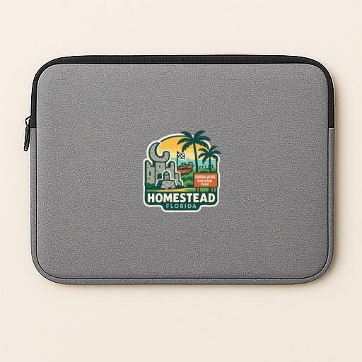 A gray laptop sleeve with a logo of Homestead, Florida printed on it.