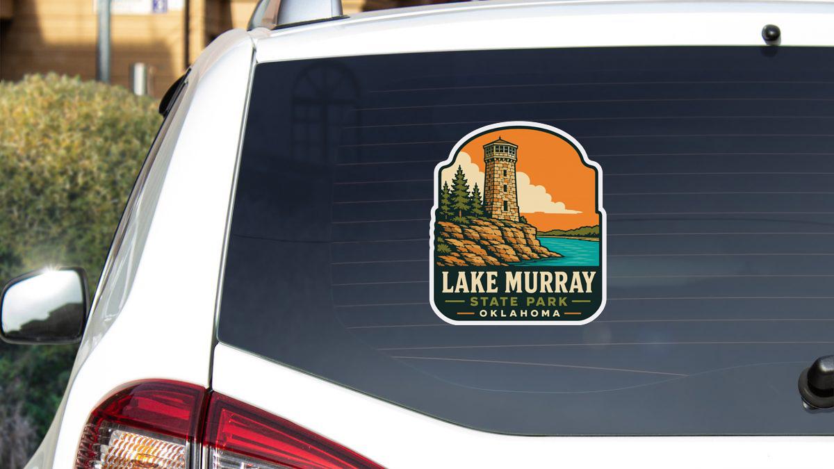 A sticker on the rear window of a vehicle that says "Lake Murray State Park, Oklahoma".