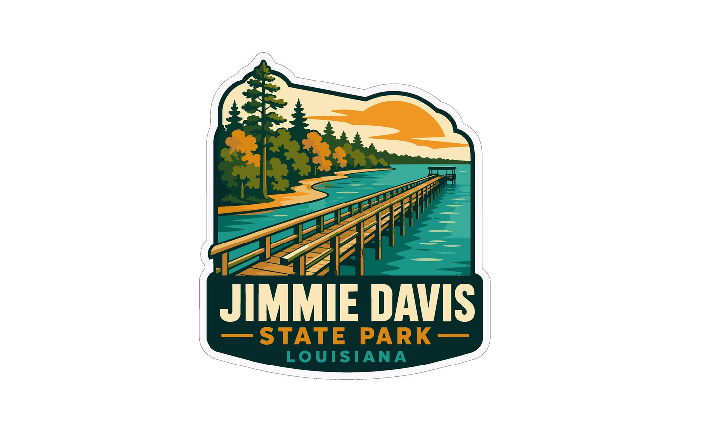 A sticker or logo depicting a scenic view of Jimmie Davis State Park in Louisiana, featuring a wooden pier, trees, and a body of water.