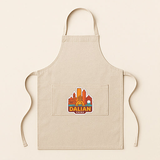 A beige apricot with a graphic of a city skyline on it.