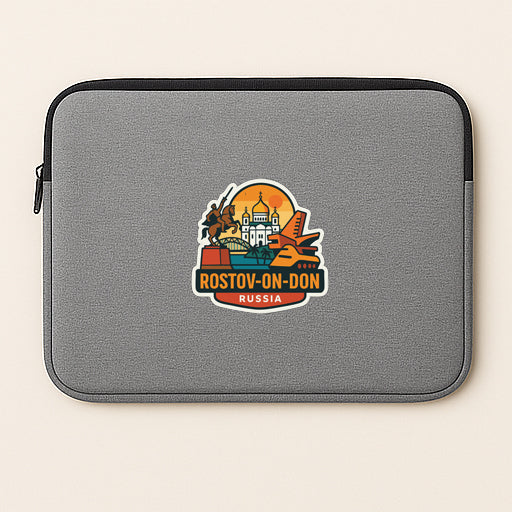 A gray laptop sleeve with a sticker depicting a cityscape and the text "Rostov-on-Don, Russia".