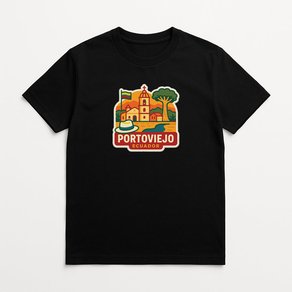 A black t-shirt with a colorful graphic depicting a town or village, along with the text "PORTOVIEJO ECUADOR" printed on it.