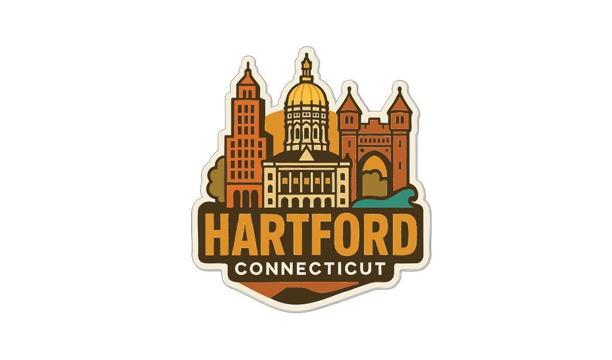A stylized sticker or emblem featuring the skyline of Hartford, Connecticut, with various architectural elements such as buildings, domes, and towers.