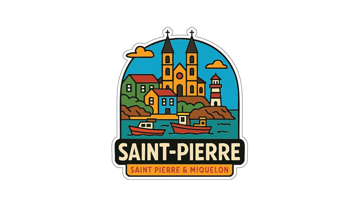 a colorful illustration of a town with buildings, boats, and a church, along with the text "SANT-PIERRE SAINT-PIERRE & MIQUELON".
