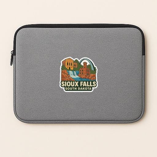 A gray laptop sleeve with a graphic design depicting the scenic beauty of Sioux Falls, South Dakota.