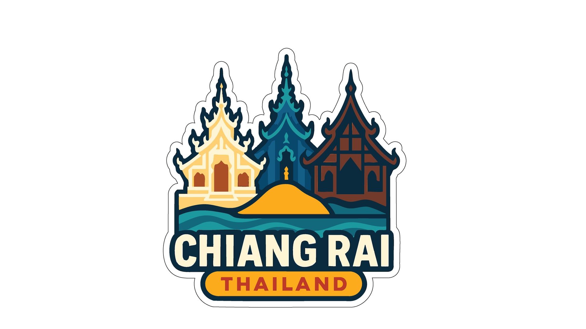 A sticker or logo featuring three stylized temple buildings in different colors, with the text "CHIANG RAI THAILAND" prominently displayed.