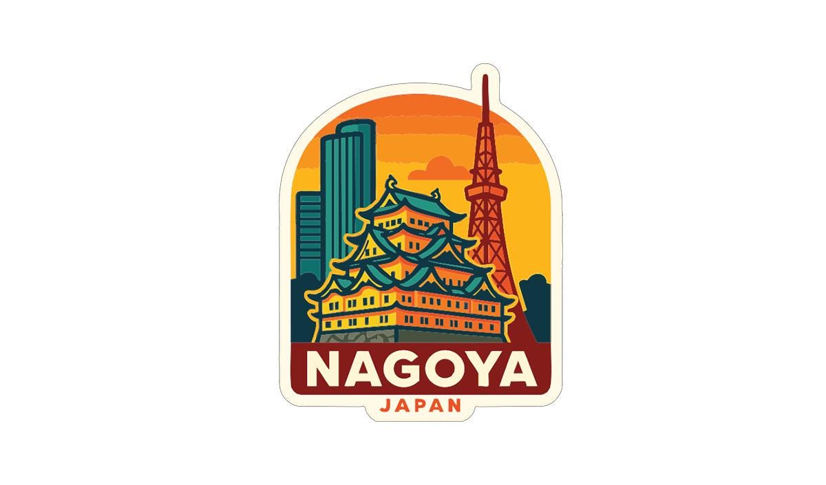 A sticker depicting the Nagoya Castle and Tokyo Tower in Japan, with a colorful illustration of the city skyline in the background.