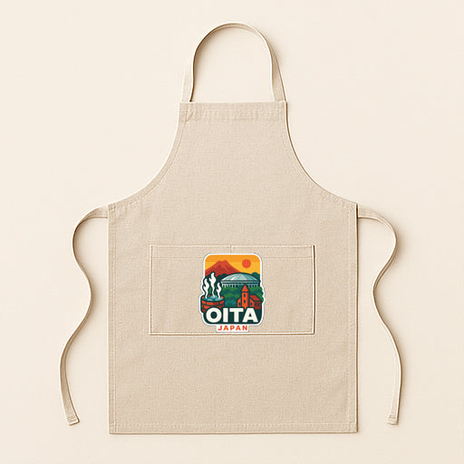 A beige apricot with a graphic of a mountain and the text "OITA JAPAN" printed on it.