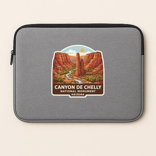a gray laptop sleeve with a sticker depicting the scenic landscape of Canyon de Chelly National Monument in Arizona.