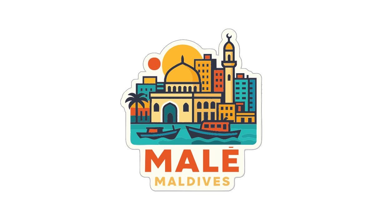a stylized illustration of a city skyline with a mosque, boats, and palm trees, along with the text "MALDE" prominently displayed.