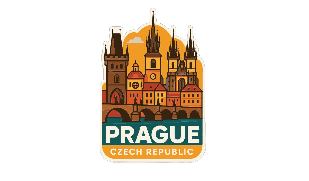 a stylized illustration of the city of Prague, Czech Republic, with its iconic spires and architecture.