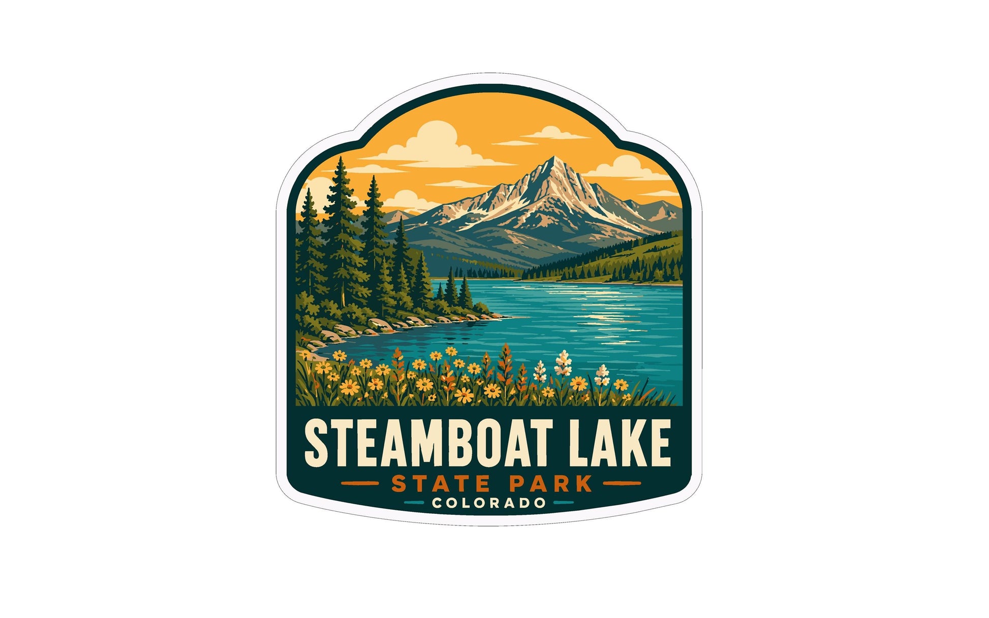 A sticker or emblem featuring a scenic landscape with mountains, a lake, and pine trees, along with the text "Steamboat Lake State Park, Colorado".