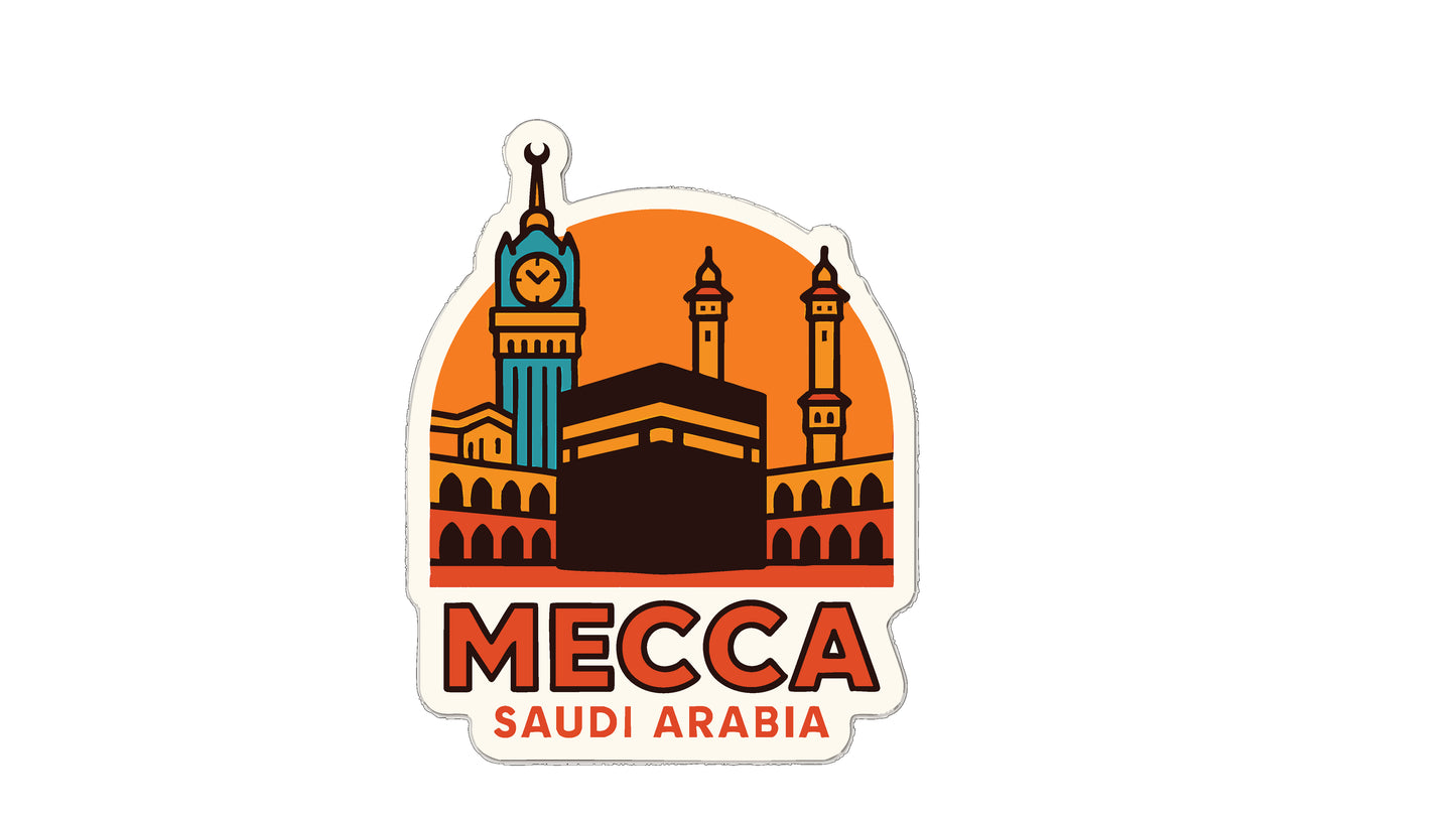 a sticker or emblem with a stylized illustration of Mecca, Saudi Arabia, along with a clock tower and other architectural elements.