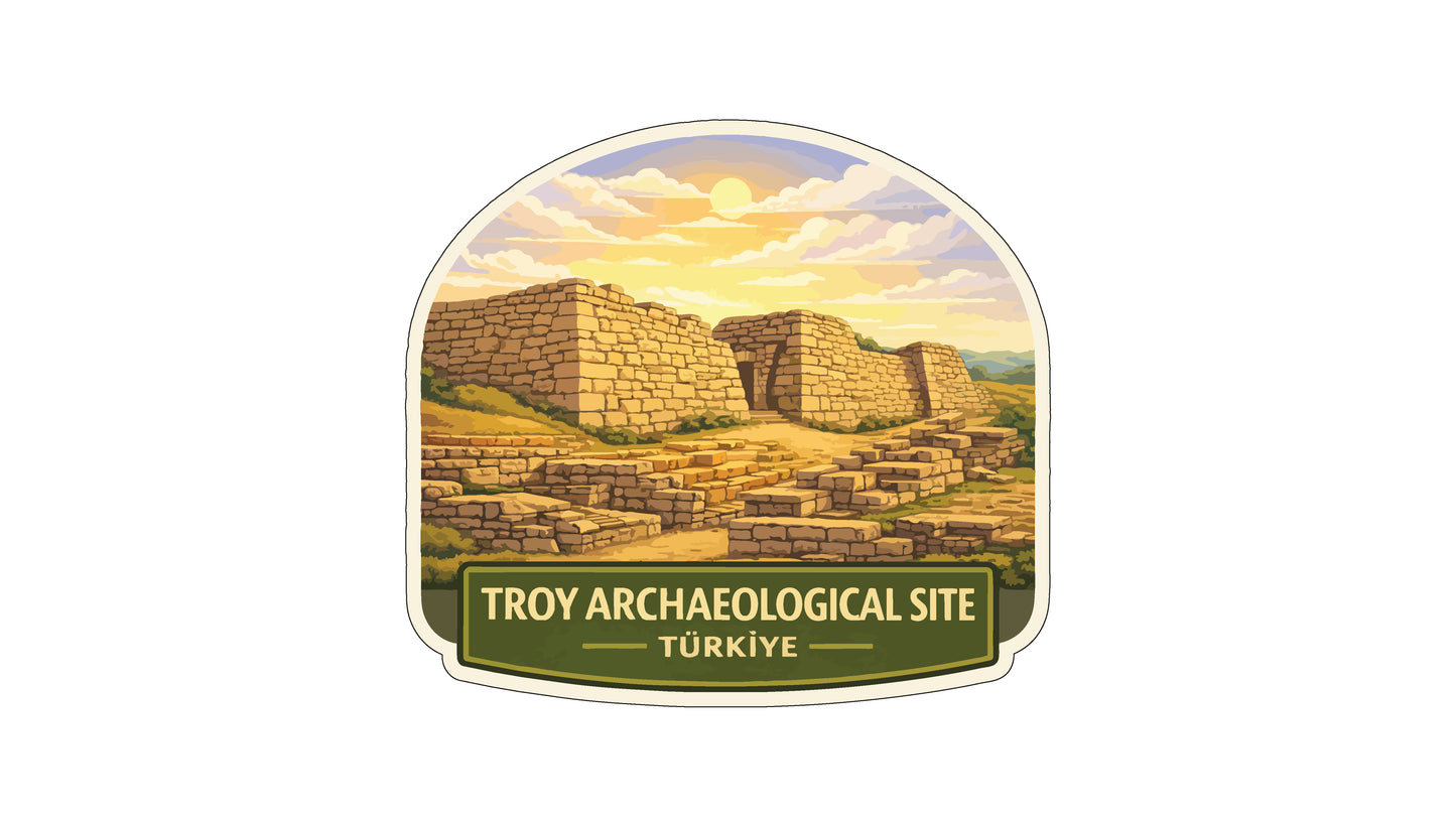 a stone structure with a sunset in the background, and the text "Troy Archaeological Site" and "Turkye" below it.