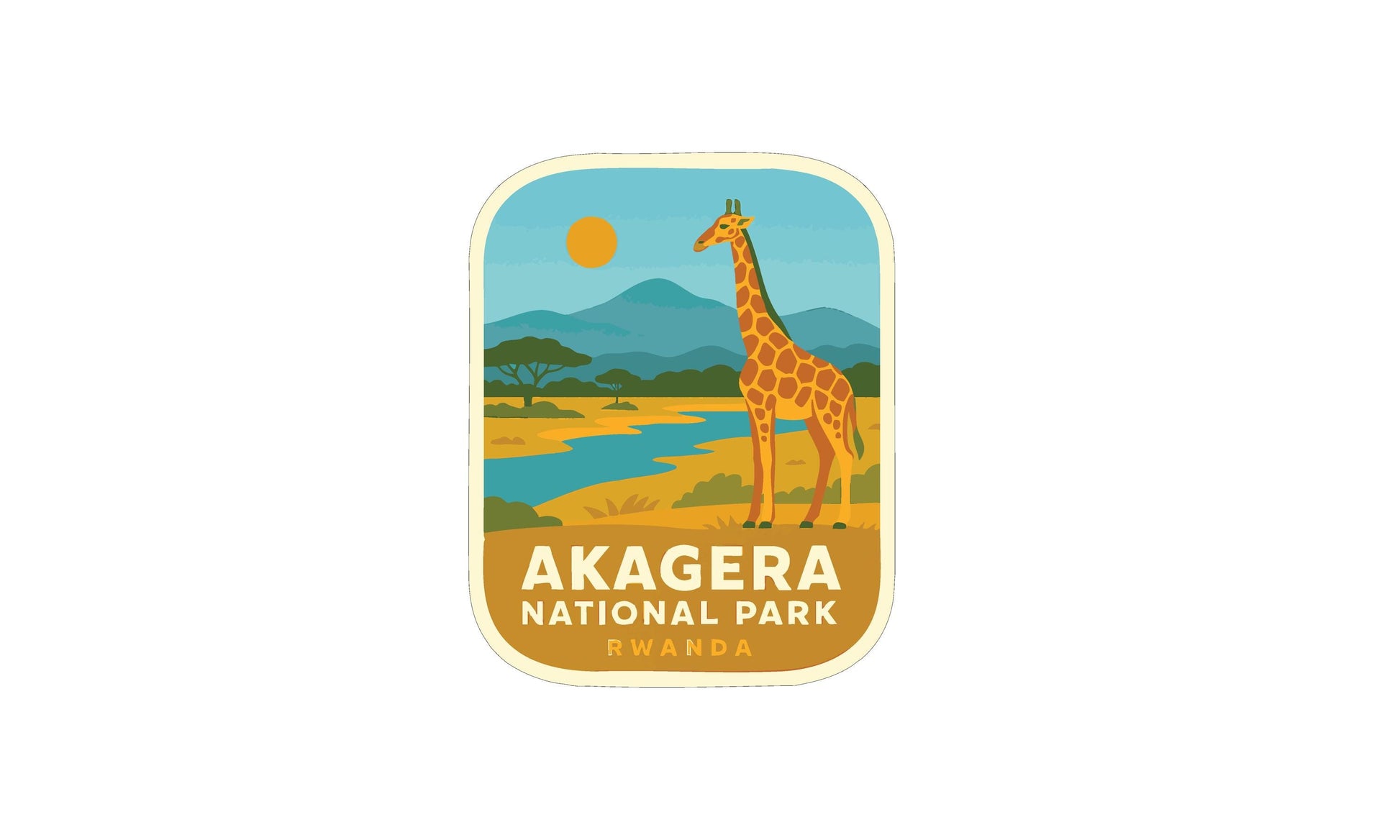 a giraffe standing in a natural landscape with mountains in the background.