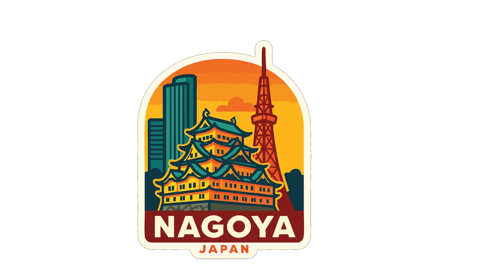 A sticker or emblem featuring the Nagoya Tower and the traditional Japanese temple in Nagoya, Japan.