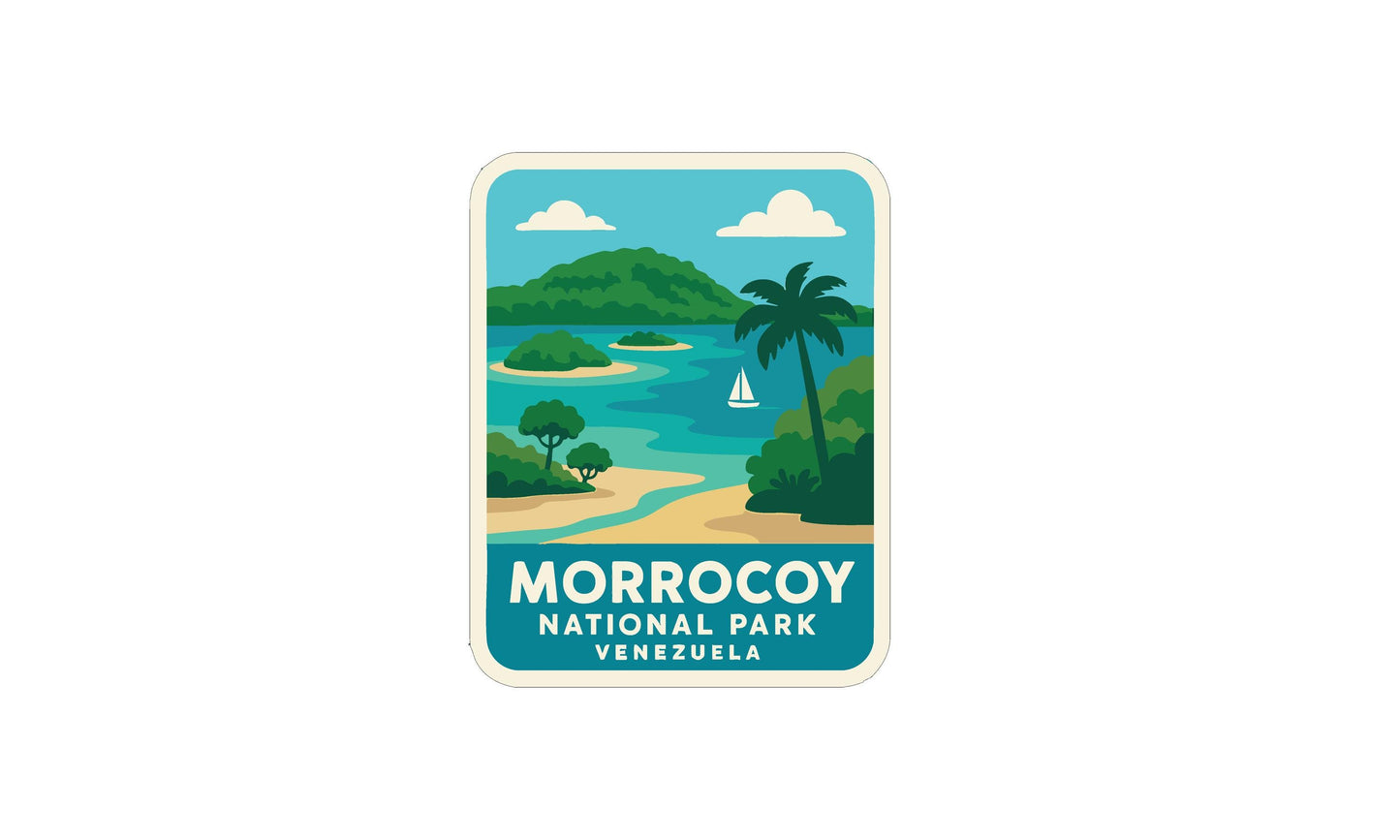The image is a sticker or label for the Morrocco National Park in Venezuela, featuring a tropical landscape with palm trees, a sailboat on the water, and a blue sky with clouds.