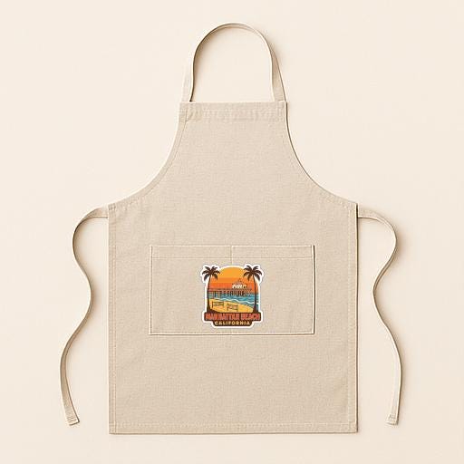 A beige apricot with a graphic design on the front pocket, featuring a beach scene with palm trees and a sunset.