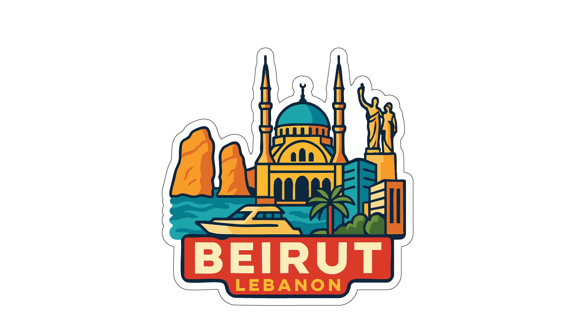 a stylized illustration of the city of Beirut, Lebanon, with various landmarks and symbols representing the city's unique characteristics.
