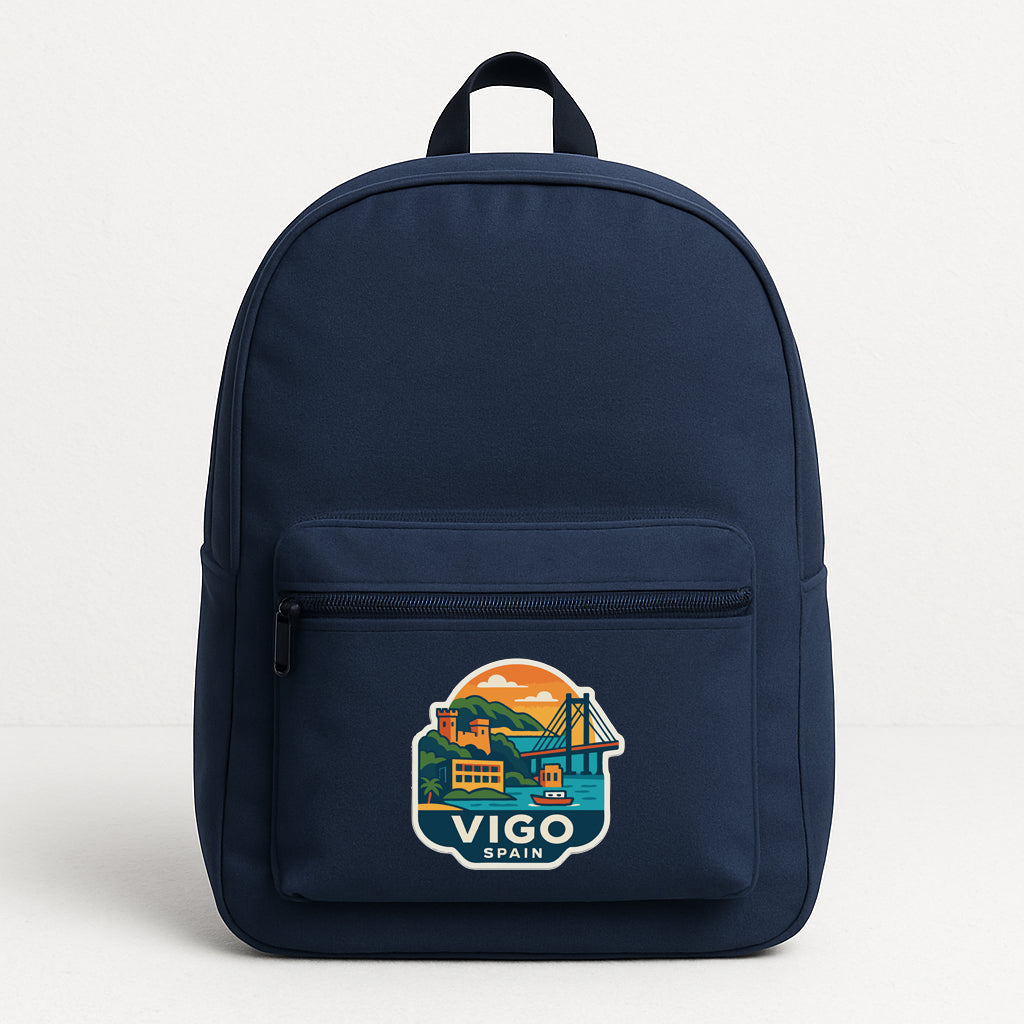 A navy blue backpack with a graphic of a cityscape and the text "VIGO SPAIN" printed on it.