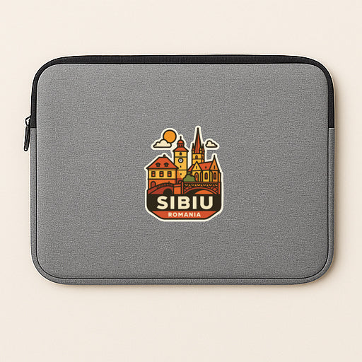 A gray laptop sleeve with a sticker depicting the city of Sibiu, Romania.