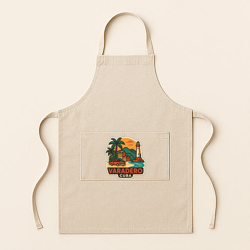 A beige apricot with a graphic design depicting a tropical beach scene and the text "VARADERO CUBA" printed on it.