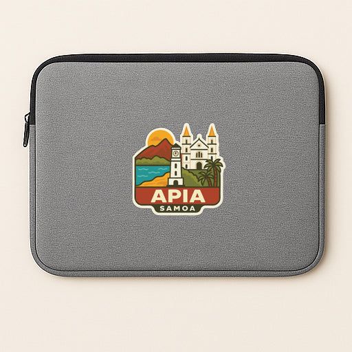 A gray laptop sleeve with a sticker depicting a scenic view of Apia, the capital city of Samoa.