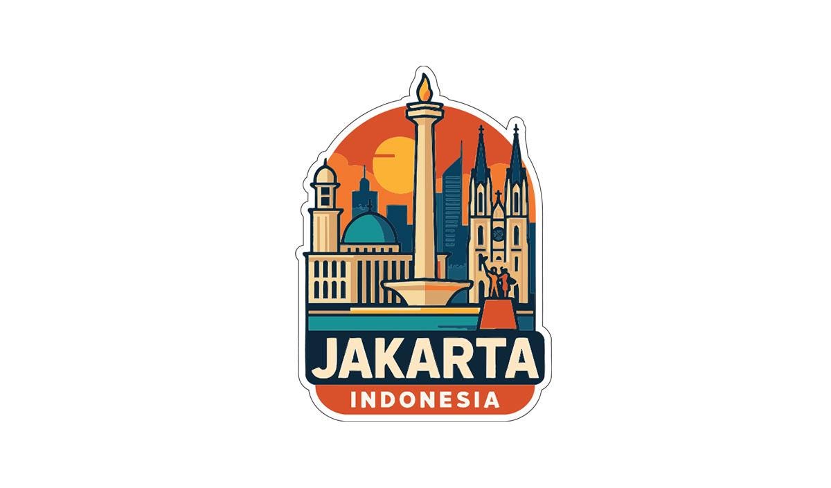 a sticker or logo depicting the skyline of Jakarta, Indonesia, with various architectural elements such as domes, spires, and towers.