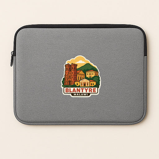 A gray laptop sleeve with a graphic design depicting a cityscape and the text "BLANTYRE MALAWI" printed on it.