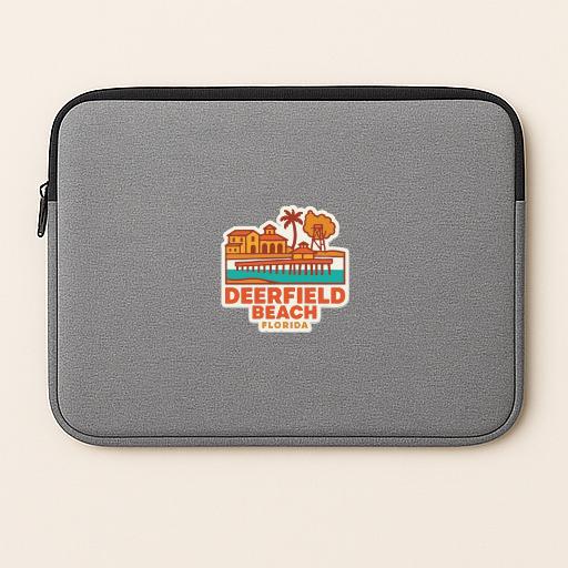 A gray laptop sleeve with a logo for Deerfield Beach, Florida.