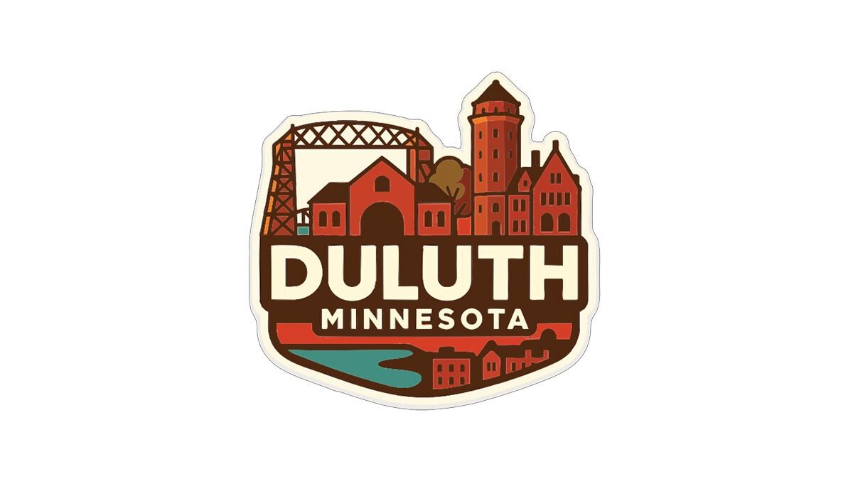 A stylized logo for Duluth, Minnesota, featuring a cityscape with a bridge and a lighthouse.