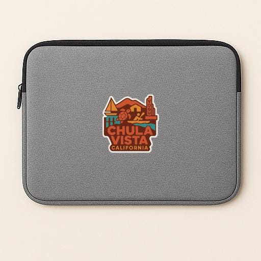a gray laptop sleeve with a logo for Chula Vista, California.