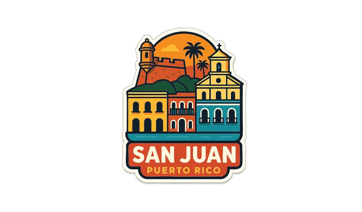 a colorful sticker or emblem depicting the city of San Juan, Puerto Rico, with various buildings and landmarks.