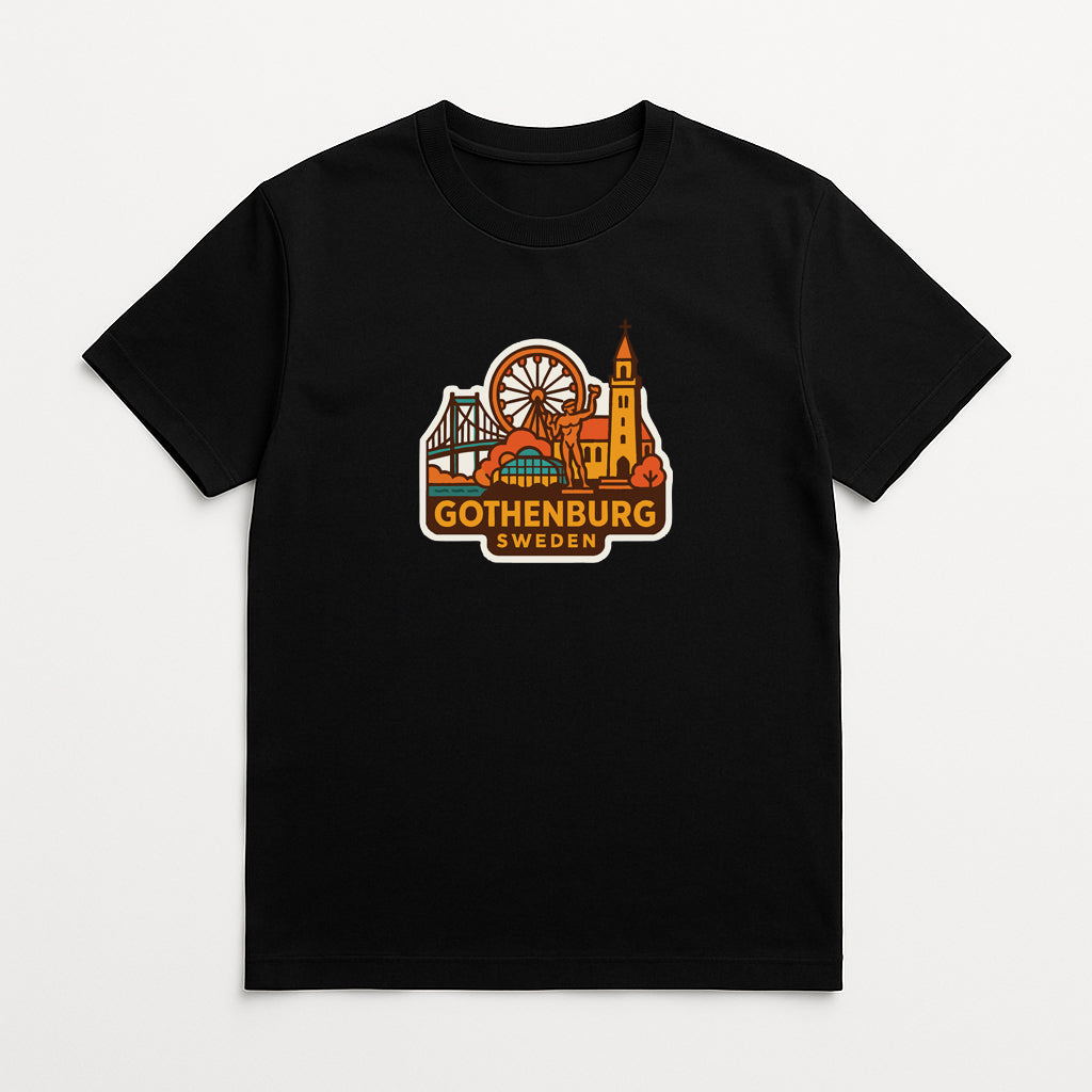 A black t-shirt with a graphic design depicting various landmarks and symbols associated with Gothenburg, Sweden.