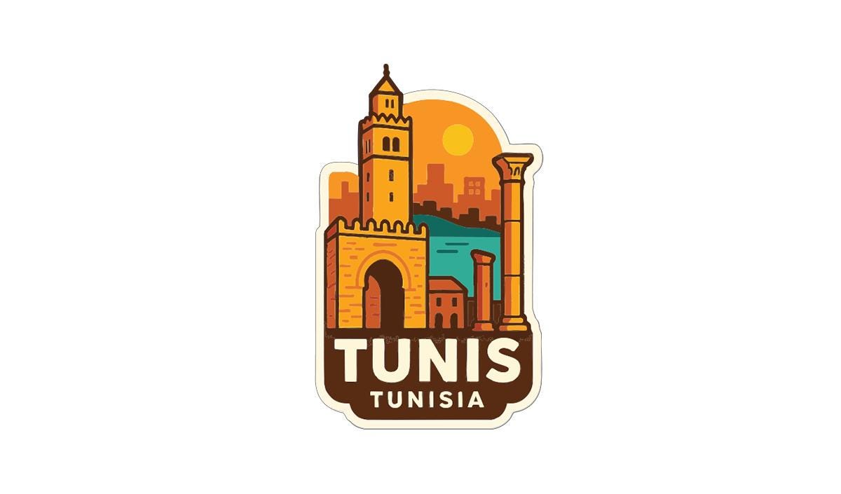a stylized illustration of the city of Tunis, Tunisia, with a tower and other architectural elements.