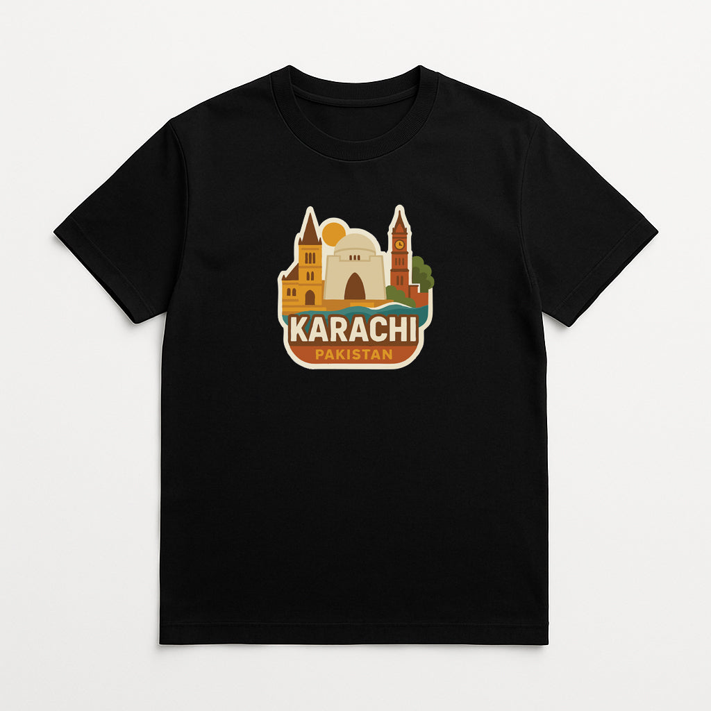 A black t-shirt with a graphic design depicting the skyline of Karachi, Pakistan.