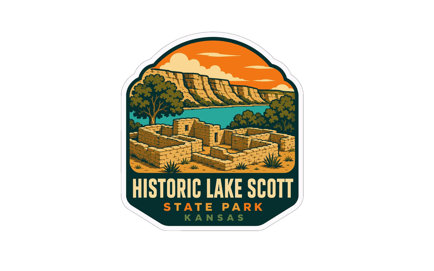 A sticker or emblem featuring a scenic landscape with a lake, mountains, and buildings, along with the text "Historic Lake Scott State Park Kansas".