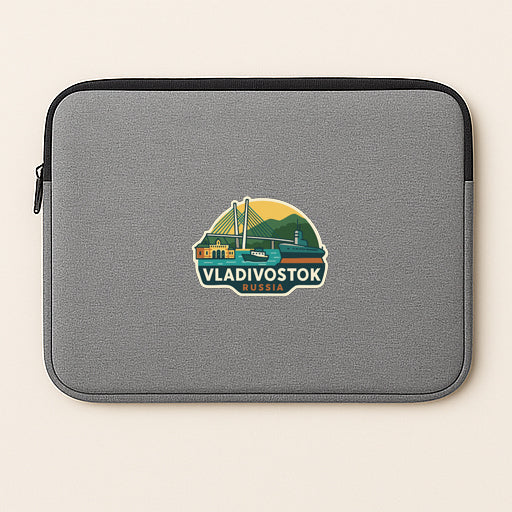 A gray laptop sleeve with a logo of Vladiivostok, Russia, printed on it.