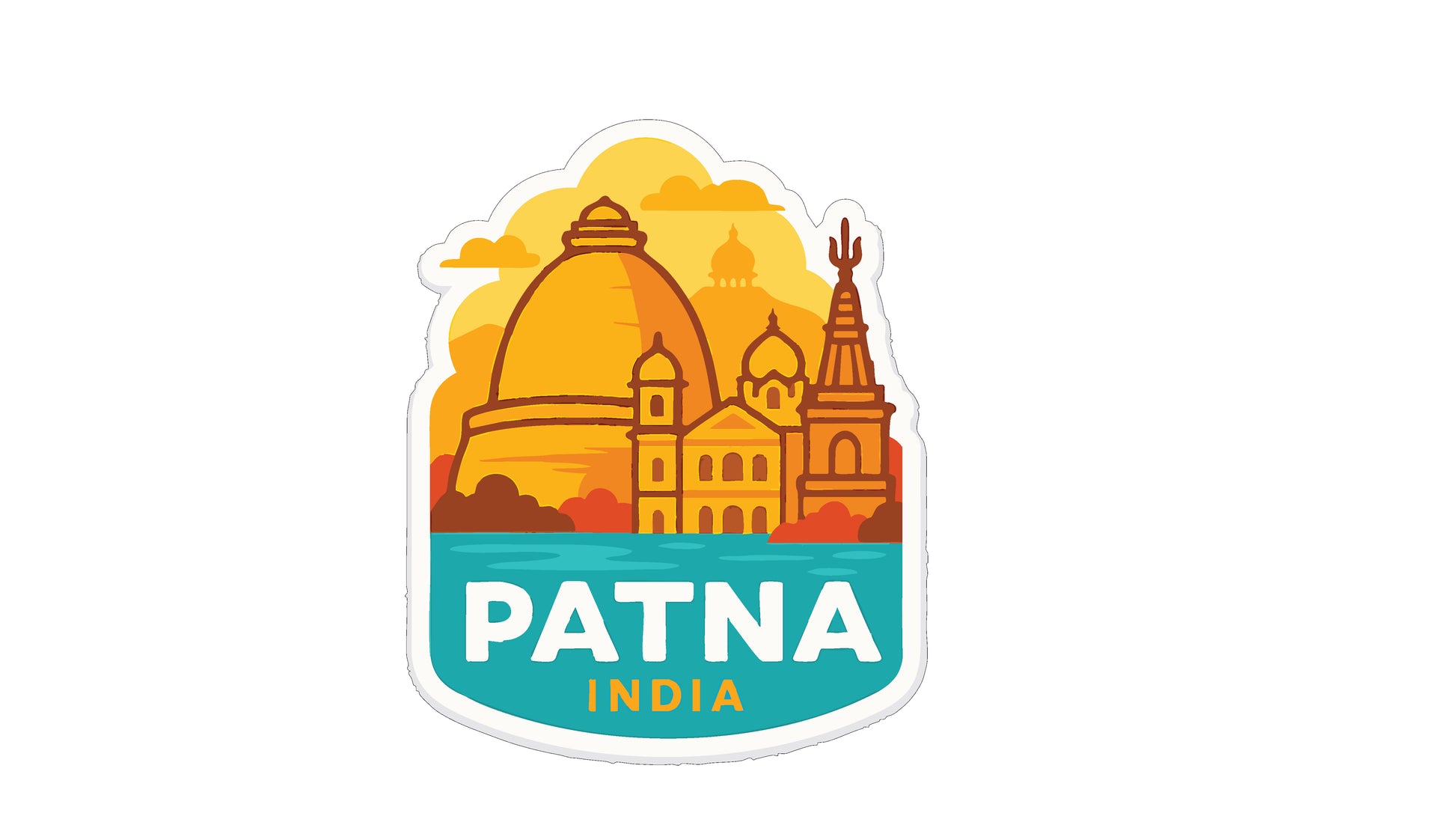 A sticker or emblem featuring the cityscape of Patna, India, with a prominent dome and other architectural structures.