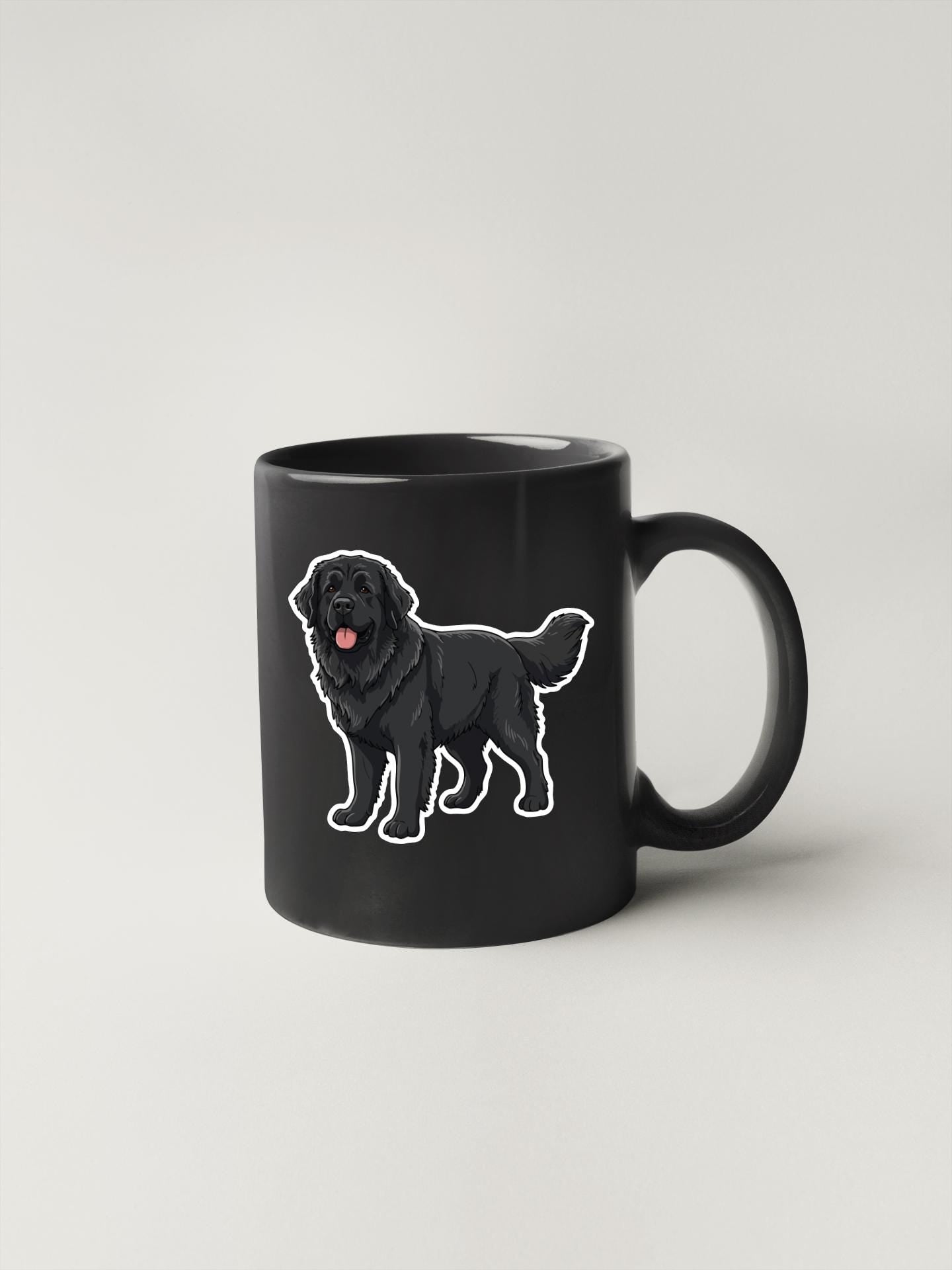 A black mug with a cartoon illustration of a black dog on it.