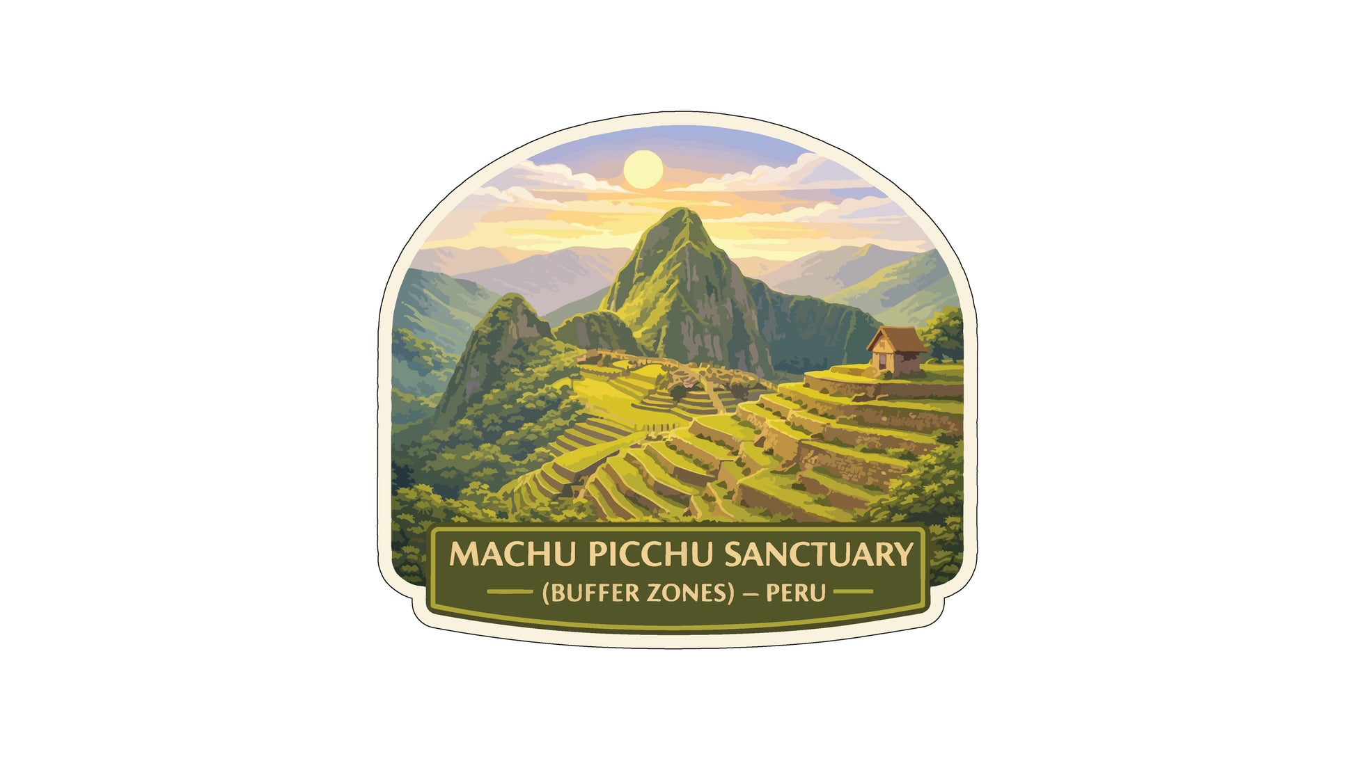 a mountainous landscape with terraced fields, a small village, and a sunset sky. The text below the image reads "MACHU PICCHU SANCTUARY (BUFFER ZONES) - PERU".