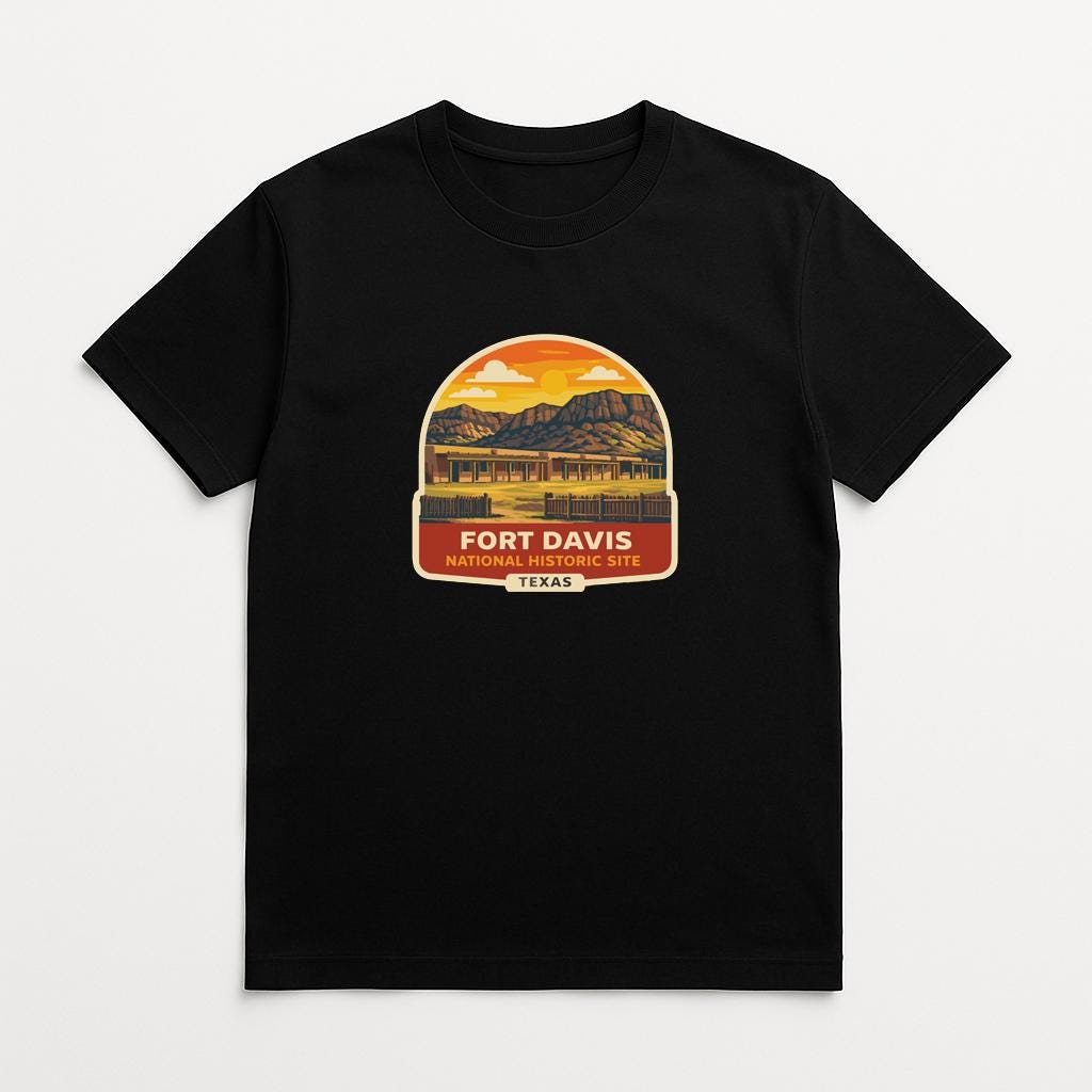 A black t-shirt with a graphic design depicting a scenic landscape with mountains and a sunset.