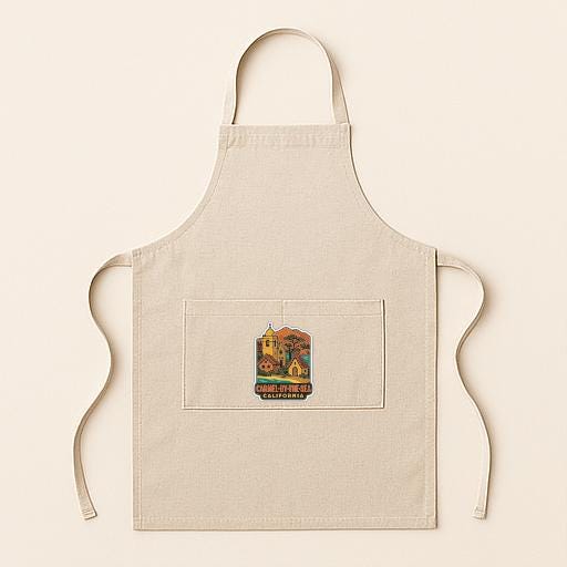 A beige apricot with a small pocket on the front, featuring a colorful illustration of a building and a palm tree.